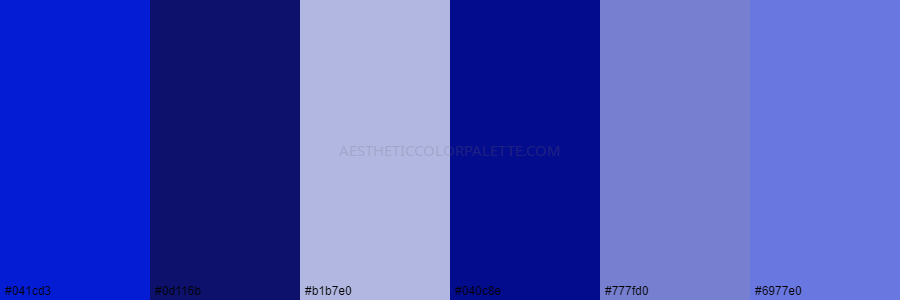 color palette 041cd3 0d116b b1b7e0 040c8e 777fd0 6977e0
