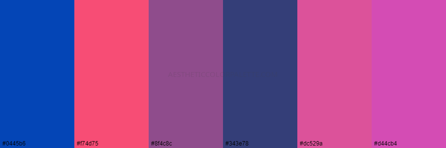 color palette 0445b6 f74d75 8f4c8c 343e78 dc529a d44cb4