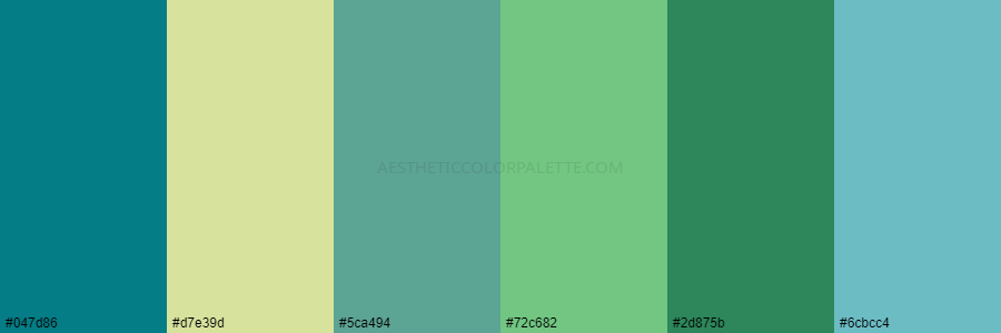 color palette 047d86 d7e39d 5ca494 72c682 2d875b 6cbcc4
