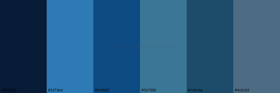 color palette 061b36 2d7ab4 0d4b82 3b7696 1d4c6a 4c6c84 1