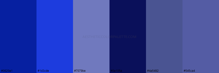 color palette 0620a1 1d3cde 7079be 0a105a 4a5492 545ca4
