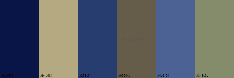 color palette 0a1547 b4a981 273c6f 655d4a 4c6194 848c6c