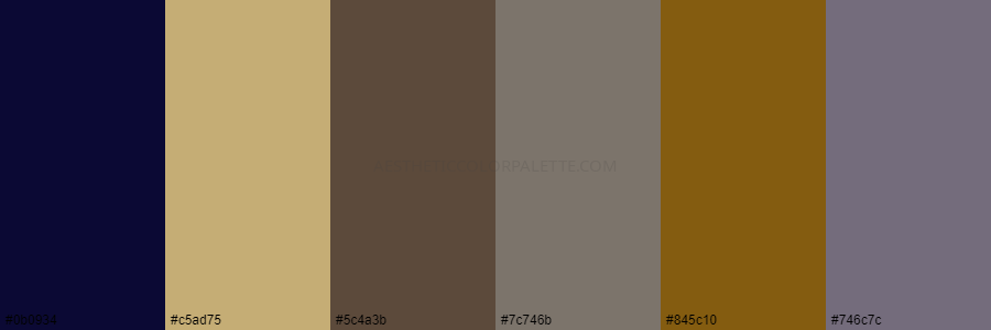 color palette 0b0934 c5ad75 5c4a3b 7c746b 845c10 746c7c
