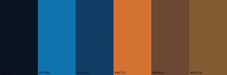 color palette 0b1521 0f74ad 103d64 d47331 6c4834 845c34