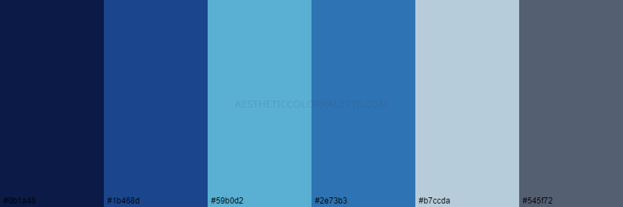 color palette 0b1a46 1b468d 59b0d2 2e73b3 b7ccda 545f72
