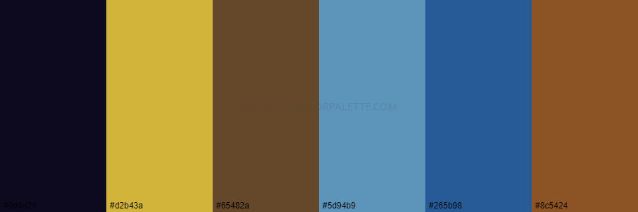 color palette 0d0a20 d2b43a 65482a 5d94b9 265b98 8c5424