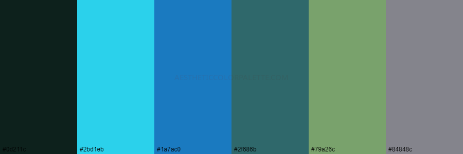 color palette 0d211c 2bd1eb 1a7ac0 2f686b 79a26c 84848c