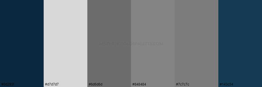 color palette 0d293f d7d7d7 6d6d6d 848484 7c7c7c 143c54