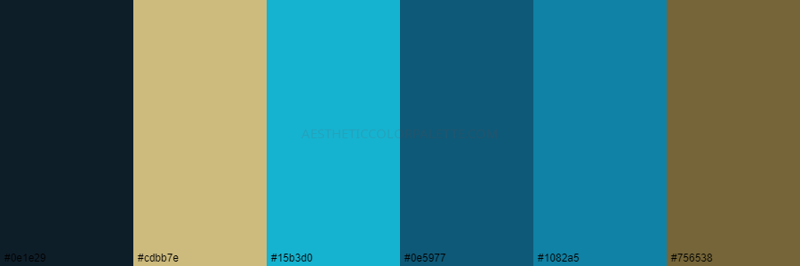 color palette 0e1e29 cdbb7e 15b3d0 0e5977 1082a5 756538
