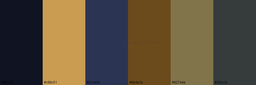 color palette 0f1322 c99c51 2c3454 6b4a1b 82744a 363c3c