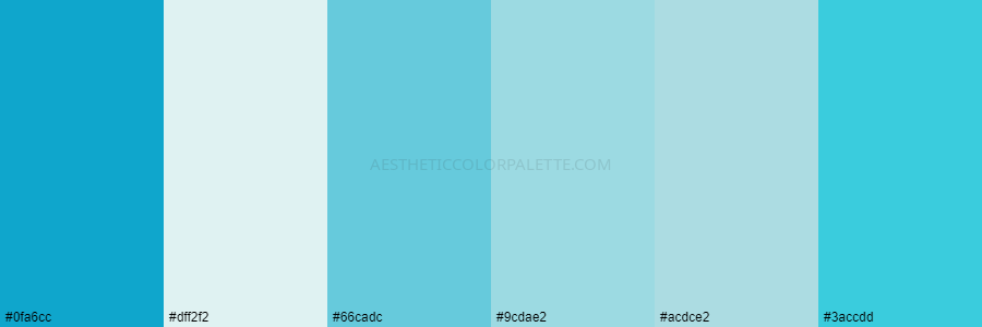 color palette 0fa6cc dff2f2 66cadc 9cdae2 acdce2 3accdd