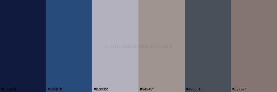 color palette 101a3d 284b7b b2b0bb 9e948f 49505a 827571