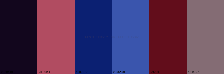 color palette 12061d b14c61 0b2072 3a55ad 620d1b 846c74