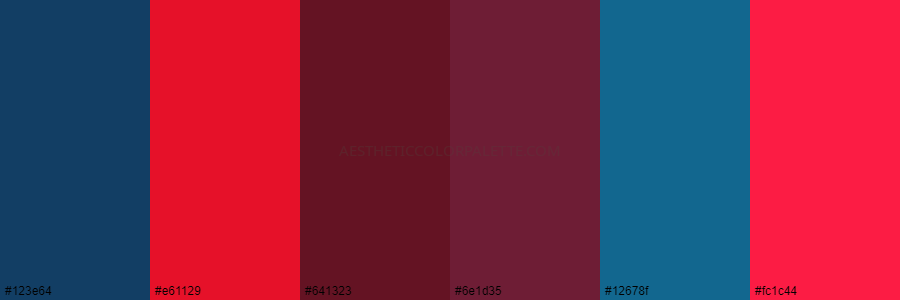 color palette 123e64 e61129 641323 6e1d35 12678f fc1c44