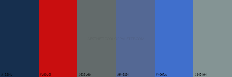 color palette 162f4e c90e0f 636b6b 546894 406fcc 849494