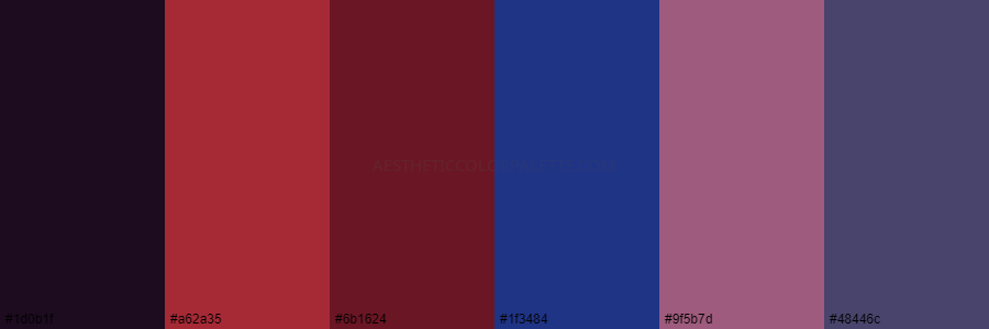 color palette 1d0b1f a62a35 6b1624 1f3484 9f5b7d 48446c