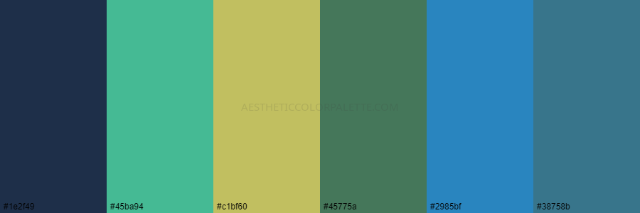 color palette 1e2f49 45ba94 c1bf60 45775a 2985bf 38758b