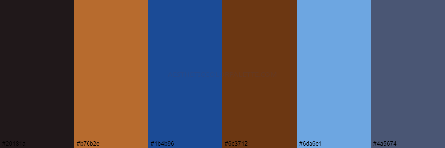 color palette 20181a b76b2e 1b4b96 6c3712 6da6e1 4a5674