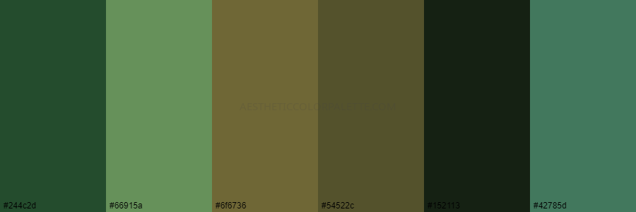 color palette 244c2d 66915a 6f6736 54522c 152113 42785d