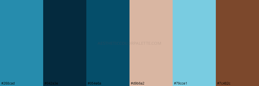 color palette 268cad 042a3e 054e6a d9b6a2 79cce1 7c482c