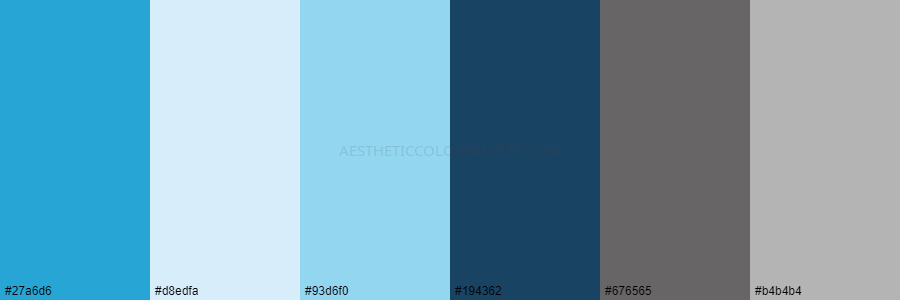 color palette 27a6d6 d8edfa 93d6f0 194362 676565 b4b4b4