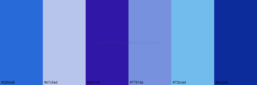 color palette 286ad8 b7c5ed 3017a7 7791de 72bced 0c2c9c