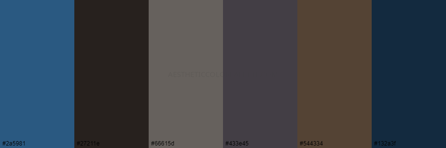 color palette 2a5981 27211e 66615d 433e45 544334 132a3f