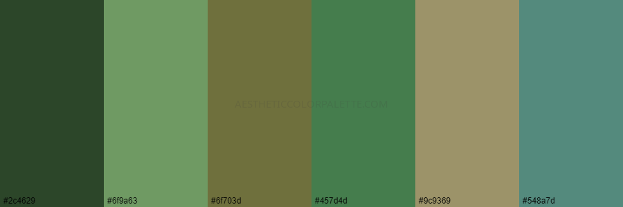 color palette 2c4629 6f9a63 6f703d 457d4d 9c9369 548a7d