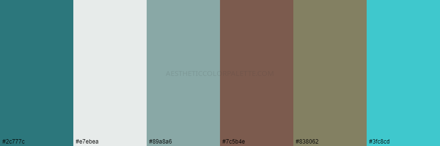 color palette 2c777c e7ebea 89a8a6 7c5b4e 838062 3fc8cd