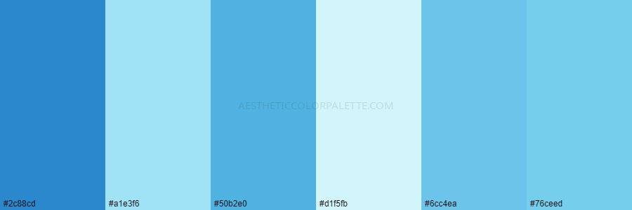 color palette 2c88cd a1e3f6 50b2e0 d1f5fb 6cc4ea 76ceed 1