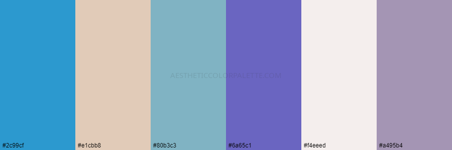 color palette 2c99cf e1cbb8 80b3c3 6a65c1 f4eeed a495b4