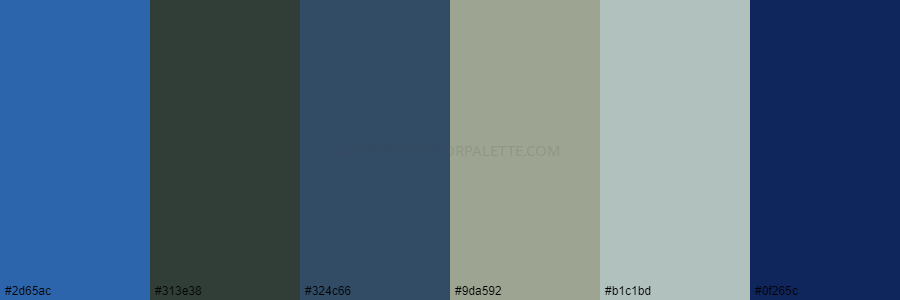color palette 2d65ac 313e38 324c66 9da592 b1c1bd 0f265c