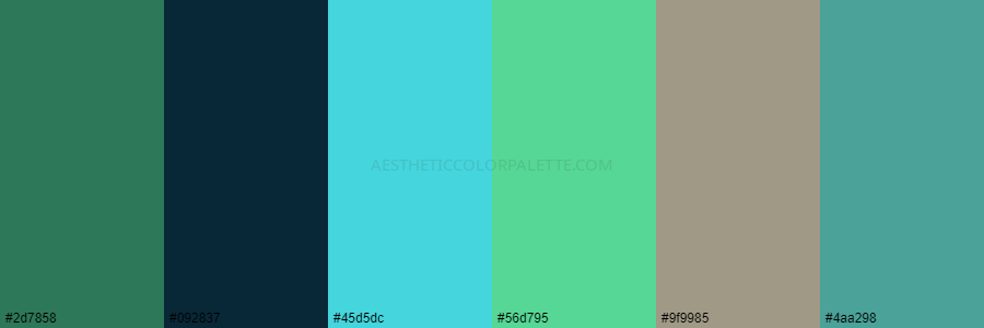 color palette 2d7858 092837 45d5dc 56d795 9f9985 4aa298