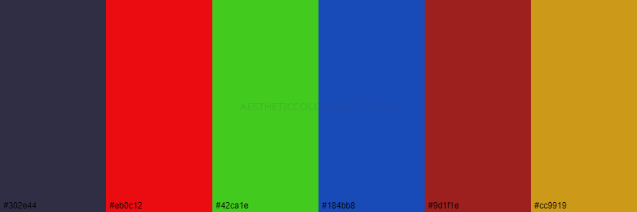 color palette 302e44 eb0c12 42ca1e 184bb8 9d1f1e cc9919