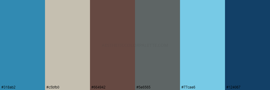 color palette 318ab2 c5bfb0 664942 5e6565 77cae6 124067