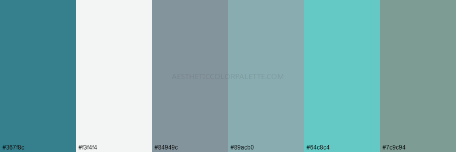 color palette 367f8c f3f4f4 84949c 89acb0 64c8c4 7c9c94