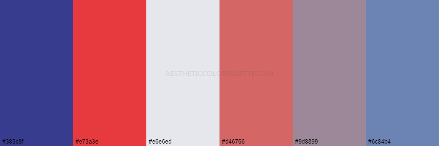 color palette 383c8f e73a3e e6e6ed d46766 9d8899 6c84b4