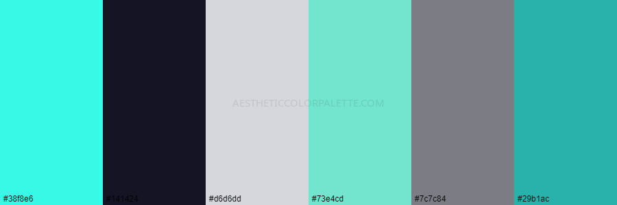 color palette 38f8e6 141424 d6d6dd 73e4cd 7c7c84 29b1ac