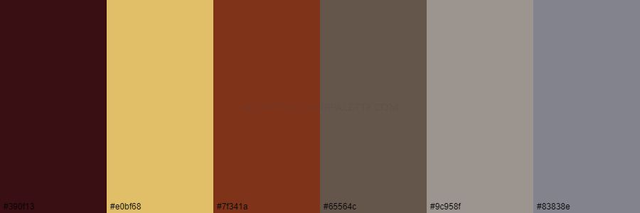 color palette 390f13 e0bf68 7f341a 65564c 9c958f 83838e