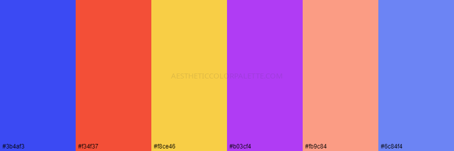 color palette 3b4af3 f34f37 f8ce46 b03cf4 fb9c84 6c84f4