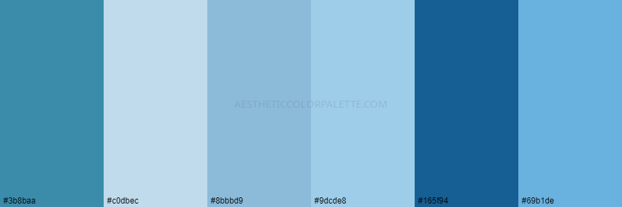 color palette 3b8baa c0dbec 8bbbd9 9dcde8 165f94 69b1de