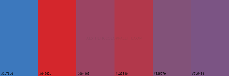 color palette 3c78bd d4262c 9b4463 b2384b 825279 7b5484