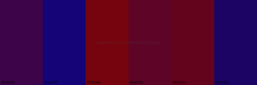 color palette 3d0449 140477 75040e 5e0426 64041c 1c0464