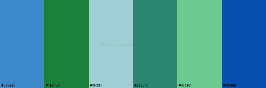 color palette 3d89cc 1a813d 9fcfd4 2b8670 6cca8f 084eaf