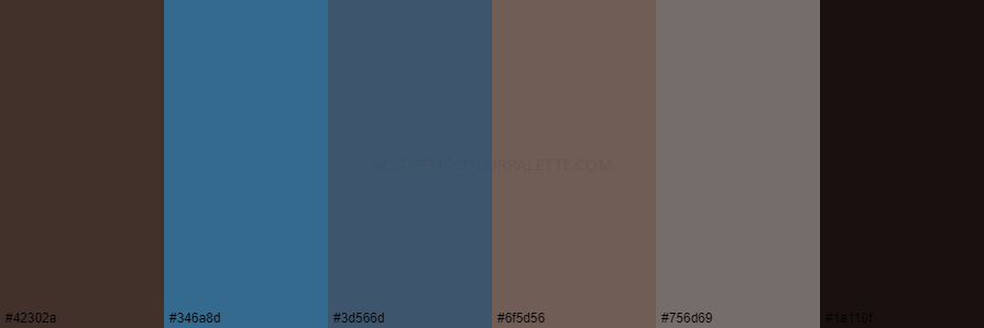 color palette 42302a 346a8d 3d566d 6f5d56 756d69 1a110f