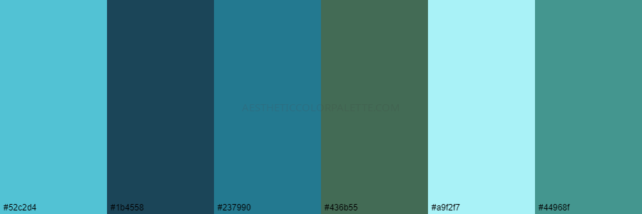 color palette 52c2d4 1b4558 237990 436b55 a9f2f7 44968f