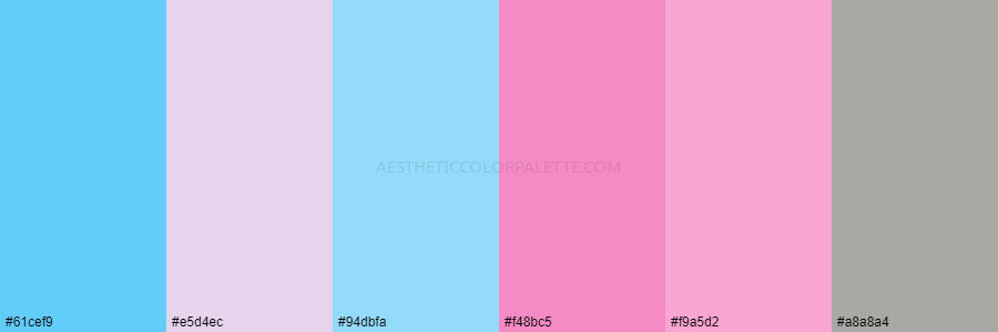 color palette 61cef9 e5d4ec 94dbfa f48bc5 f9a5d2 a8a8a4 1