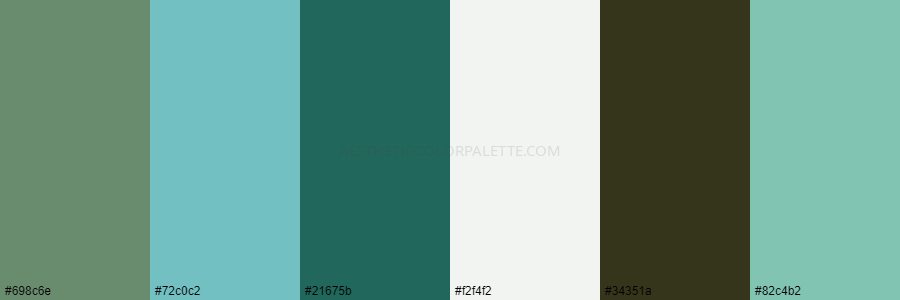 color palette 698c6e 72c0c2 21675b f2f4f2 34351a 82c4b2