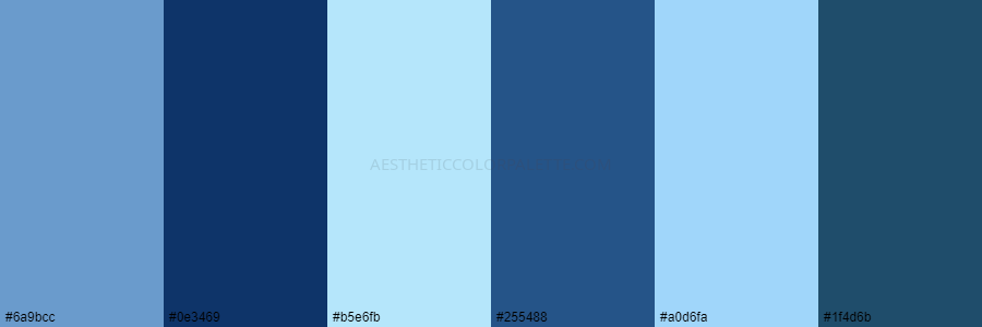 color palette 6a9bcc 0e3469 b5e6fb 255488 a0d6fa 1f4d6b