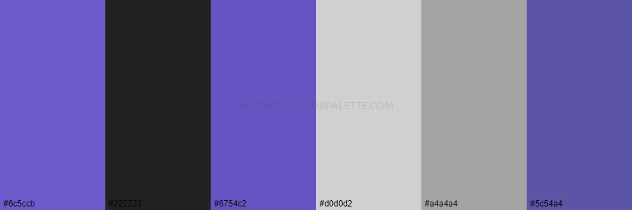 color palette 6c5ccb 222223 6754c2 d0d0d2 a4a4a4 5c54a4